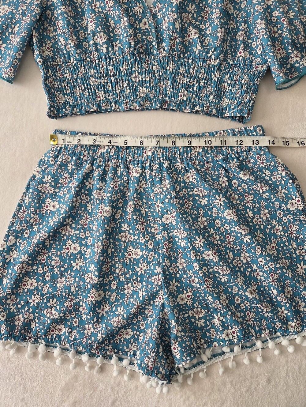 Shein Teal Floral Two-Piece Crop Top & Shorts Set Size Medium - Picture 9 of 12
